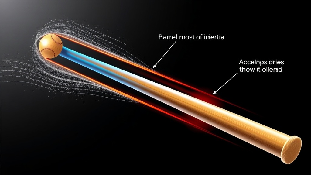 야구 타격 시 배트의 회전 궤적과 배럴 끝부분의 가속도 원리를 설명하는 물리적 도식