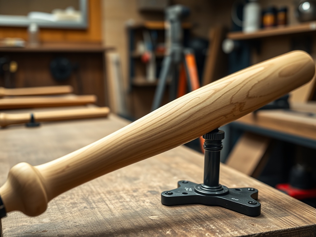 작업대 위에서 야구 배트의 무게 중심과 밸런스 포인트를 정밀하게 측정하고 있는 모습