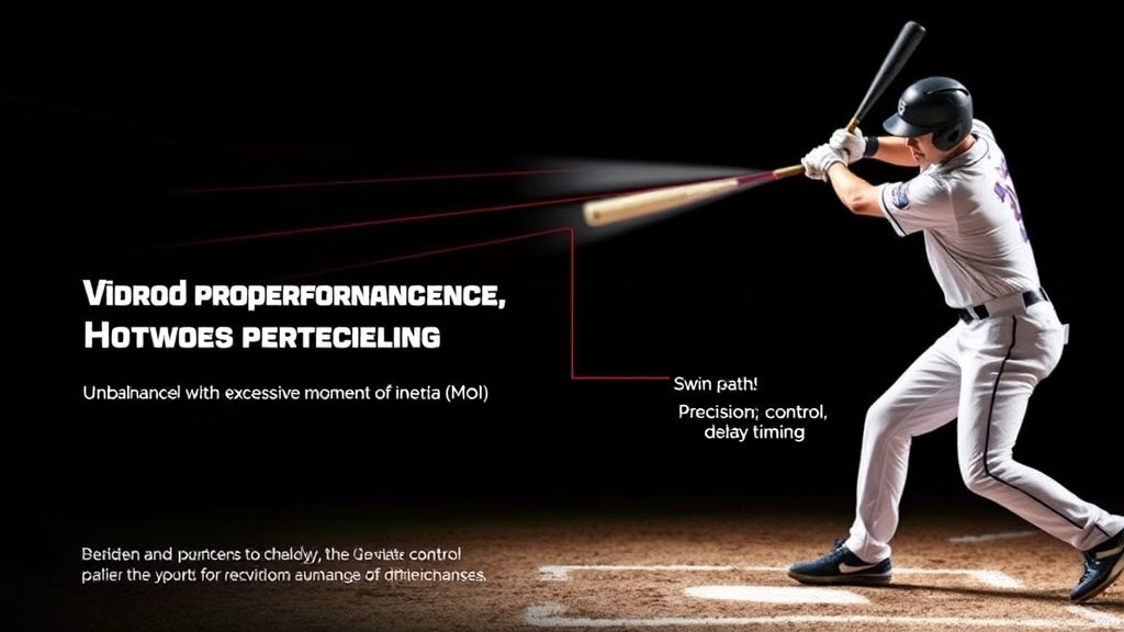 배트 스피드와 관성 모멘트의 균형이 무너졌을 때 발생하는 스윙 궤적의 오류를 설명하는 이미지